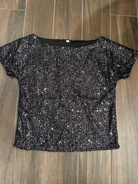 Women's Black Sequin Short Sleeve Top M